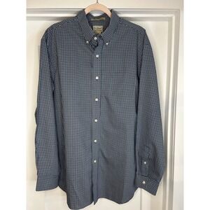 LL Bean Mens Gingham Button Down Shirt Navy Blue Wrinkle Resistant Coastal Prep